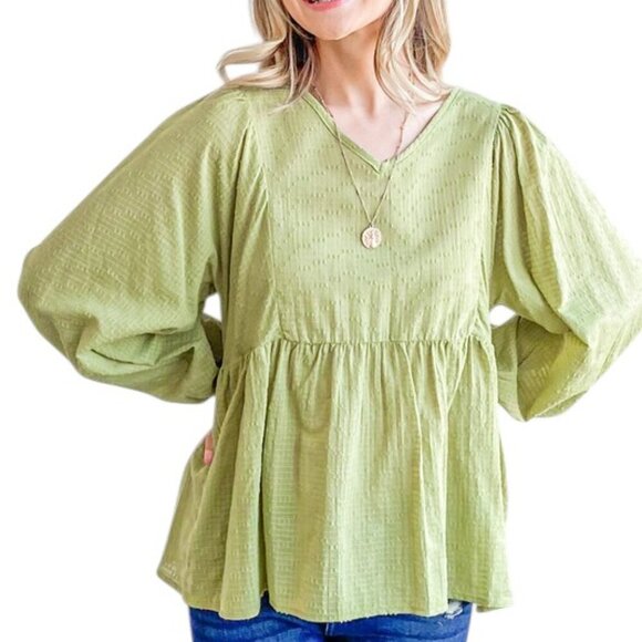 Green Spring Textured V-Neck Blouse - Picture 1 of 7